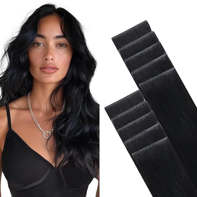 GOO GOO Invisi Edge Tape in Hair Extensions Human Hair, 1 Jet black, 10pcs 22inch 30g, Virgin Remy Hair, Seamless Injected Tape, Natural Look