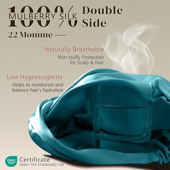ZIMASILK 100% 22 Momme Mulberry Silk Bonnet for Sleeping Women, Breathable Silk Hair Wrap for Premium Hair Protection - Reducing Friction (1Pc, Turquoise)