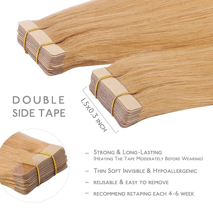 WENNALIFE Tape in Hair Extensions Human Hair, 20pcs 50g 22 inch Strawberry Blonde Remy Hair Extensions Straight Human Hair Tape in Extensions Skin Weft Tape Extensions Human Hair