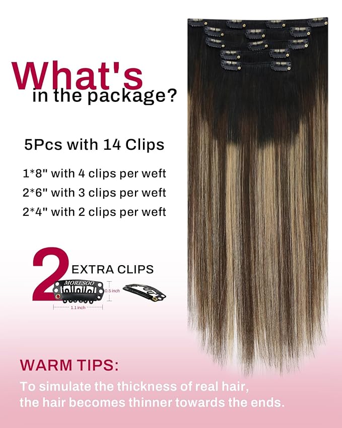 Moresoo Balayage Clip in Hair Extensions Short Black to Blonde Balayage Real Human Hair Extensions Clip ins Remy for Women Ombre Natural Black to Brown with Honey Blonde 80g/5pcs 10in