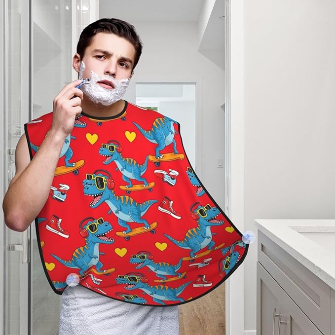 Strong Suction Cup Beard Grooming Bib, Non-Stick Hair Catcher, Waterproof, for Shaving, Cool Funny Skateboard Dinosaur