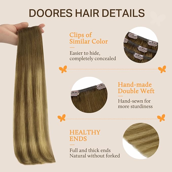 DOORES Human Hair Extensions, Medium Brown Highlighted Dirty Blonde 150g 9pcs 14 Inch, Remy Natural Clip in Extensions