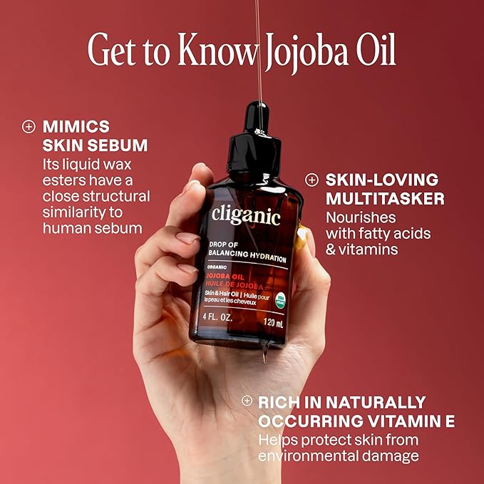 Cliganic Organic Jojoba Oil, 100% Pure (4oz) | Moisturizing for Face, Hair, Skin & Nails | Natural Cold Pressed Hexane Free | Base Carrier Oil
