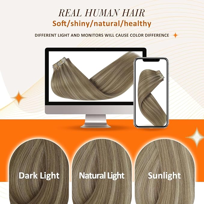 Full Shine Clip in Hair Extensions 16 inch 140g 8Pcs Dark Ash Blonde Mix with Light Blonde Seamless Hair Extensions Clip in Remy Hair Clip ins