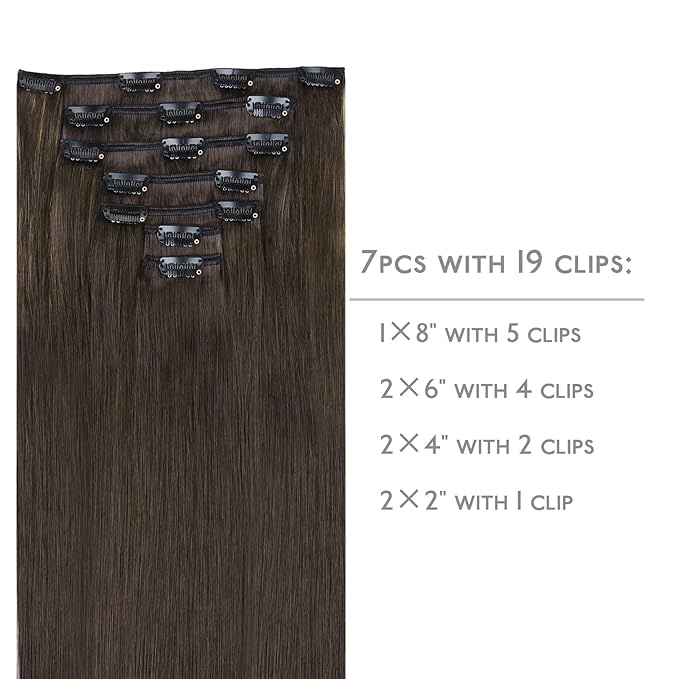 WENNALIFE Clip in Hair Extensions Real Human Hair, 24 Inch 120g 7pcs Human Hair Extensions Clip In Human Hair, Cool Dark Brown Clip In Real Hair Coloured Remy Human
