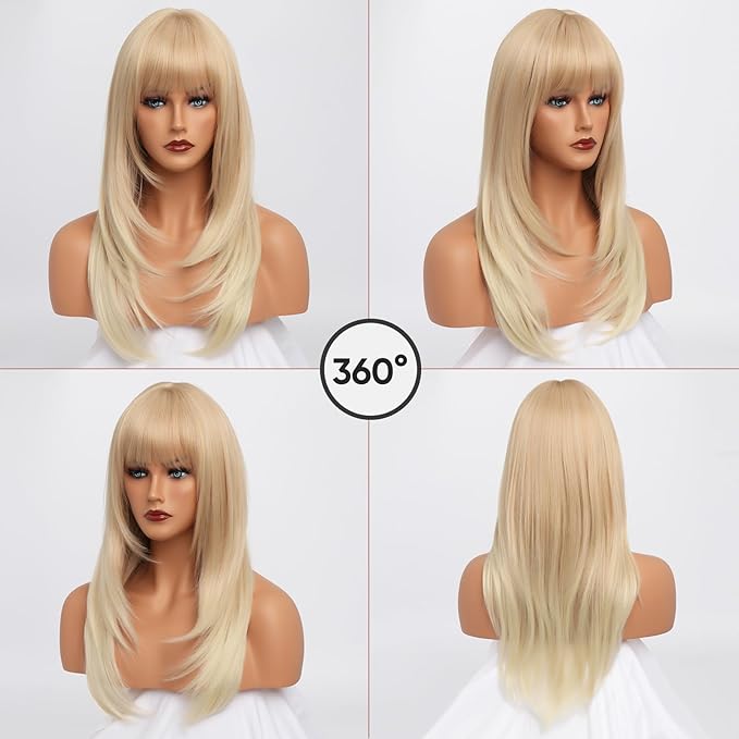613 Blonde Wig With Bangs Long Wavy Straight Wig with Layered Hair Synthetic Heat Resistant Wigs for Women Daily Party Use 26 Inches