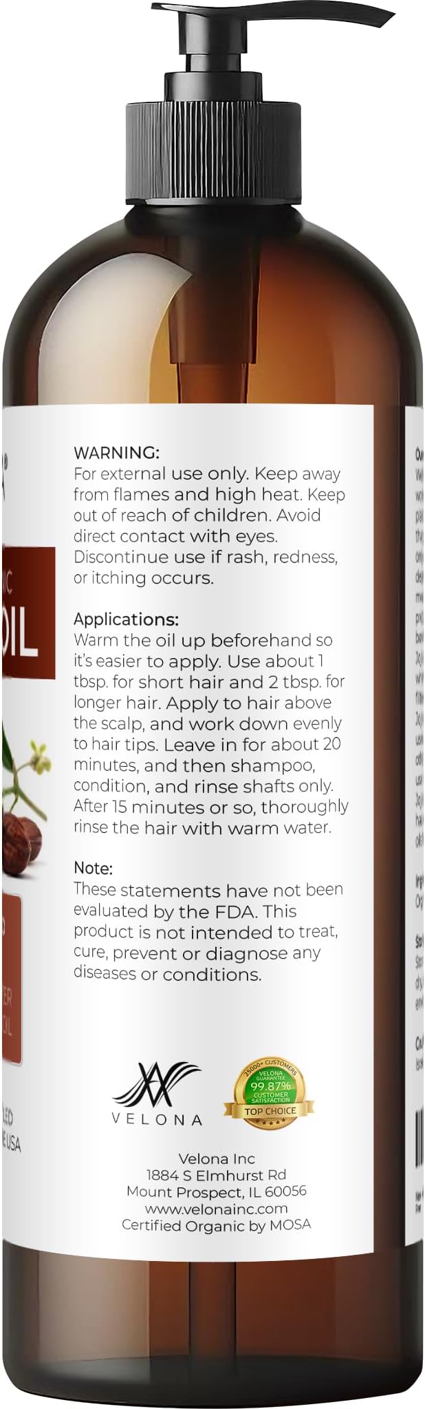 velona Jojoba Oil USDA Certified Organic - 16 fl oz (With Pump) | 100% Pure and Natural | Golden, Unrefined, Cold Pressed, Hexane Free | Moisturizing Face, Hair, Body, Skin Care