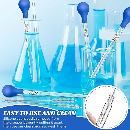 Weewooday Glass Droppers Pipettes Graduated Lab Dropper Glass Liquid Pipette with Big Rubber Hats 20 cm Stir Rod Washing Brush Transfer for Liquid Essential Oil(16 Pieces,Blue,10 ml)