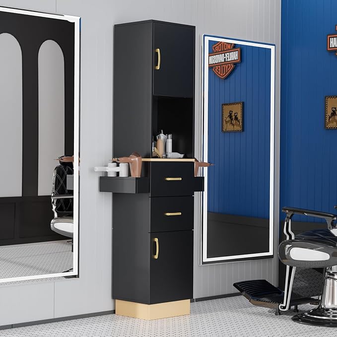 Salon Stations for Hair Stylist, Barber Station Hair Salon Station, Beauty Salon Spa Equipment with 2 Drawers, 2 Storage Cabinet, 6 Hair Dryer Holders for Hair Styling, Black Gold
