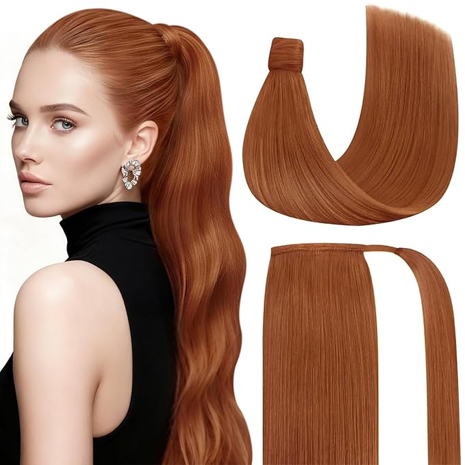 Ve Sunny Hair Extensions Ponytail Real Human Hair Wrap Around Clip in Ponytail Hair Extensions Straight Extensions Human Hair for Women Copper 16inch 80G