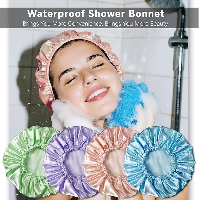 Smilco 4 Pack Shower Caps for Women, Reusable Waterproof Double Layer Bath Cap, Large EVA Elastic Hair Cover for Shower, Fits Long Hair & Braids, for Spa & Home