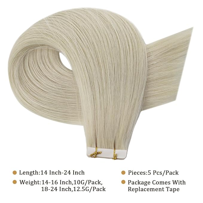 Full Shine Blonde Injection Tape in Hair Extensions 5Pcs Color 1000 Injected Tape in Extensions 22 Inch Virgin Human Hair Extensions Tape ins 12.5Gram Tape ins Human Hair Real Hair Extension for Women