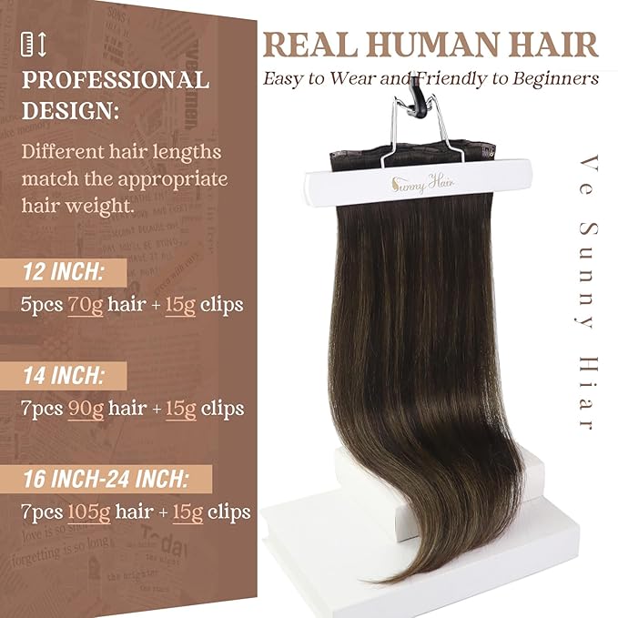 Ve Sunny Clip in Human Hair Extensions, Real Hair Extensions Clip in Human Hair, Human Hair Extensions Clip ins Dark Brown Ombre Medium Brown Balayage Hair Extensions 5pcs 80g 12inch