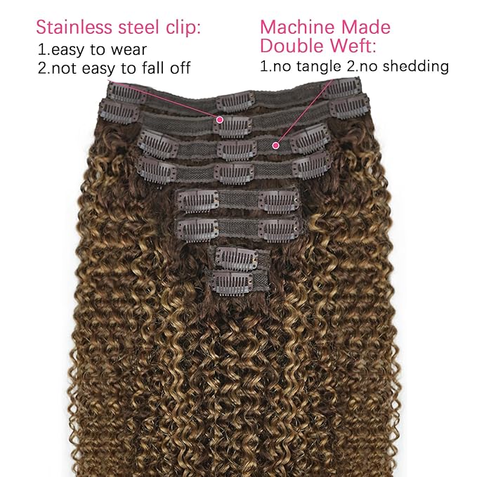 Kinky Curly Clip in Hair Extensions Real Human Hair 4/27/4 Omber Kinky Curly Clip ins For Women 3c 4a Brazilian Virgin Clip on Hair (22inch,#4/27/4)