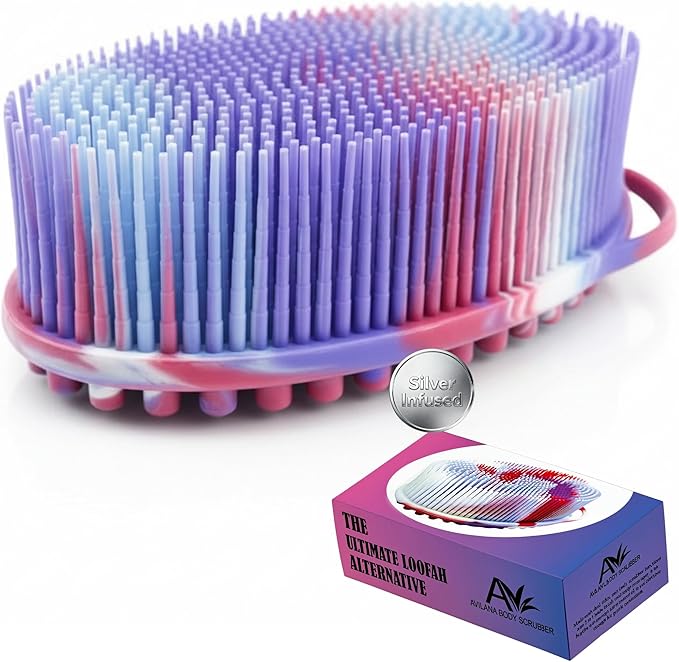 Silver Infused Silicone Body Scrubber Shower - Gentle Back Scrubber Soft Bristles - Avilana Premium Dual Sided Bath Brush Massage - Advanced Material Loofah Alternative - Gift Women Men