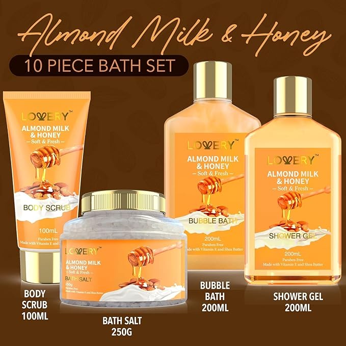 Christmas Gifts for Women Gift Basket for Women - 10 Pc Almond Milk & Honey Beauty & Personal Care Set - Home Bath Pampering Package for Relaxing - Spa Self Care Kit - Birthday, Mom, Anniversary Gift