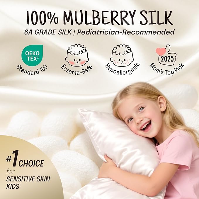 OLESILK Toddler 100% Mulberry Silk Pillowcase, Breathable Soft Smooth for Nursery Kids Night Sleeping, Silk Travel Pillow Cases with Hidden Zipper (1 Pack, Ivory, 13"x18")