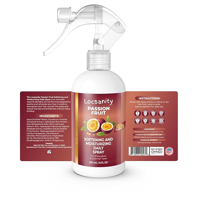 Locsanity Daily Moisturizing Spray for Dull, Dry Locs – Passion Fruit Hair and Scalp Moisturizer for Dreadlocks, Sisterlocks, Microlocks, Braids to Control Oil and Frizz (8 fl oz)