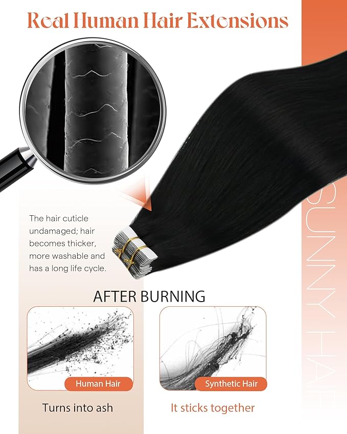 Sunny Hair Tape in Hair Extensions Human Hair 20inch Hair Extensions Real Human Hair Tape in Extensions for Women Jet Black Invisible Remy Hair Natural Straight Skin Weft Double Sided Tape 40pcs 100g