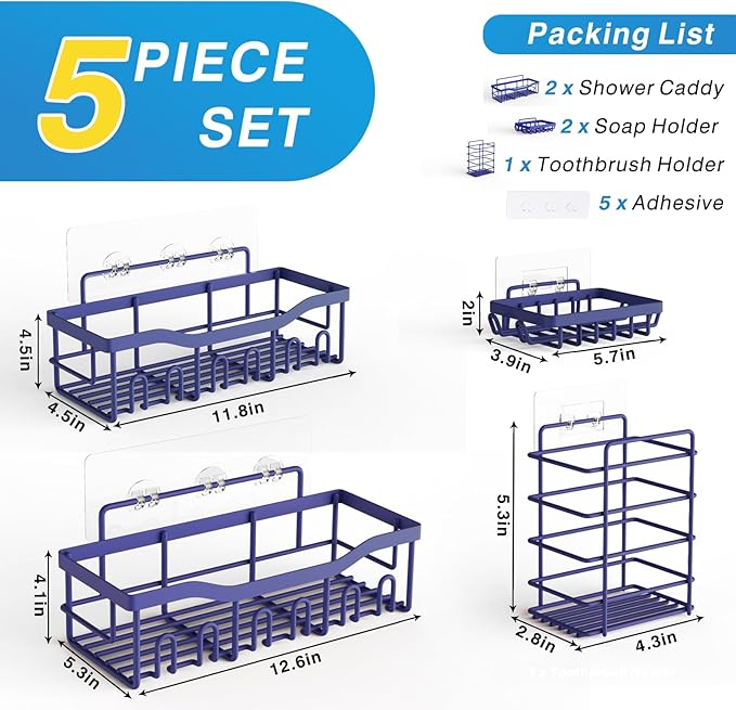 EUDELE 5-Pack Rustproof Stainless Steel Shower Caddy – No Drill Adhesive Bathroom Organizer with Large Capacity, Spacious Shower Shelves for Inside Shower, Kitchen & Home Decor Storage-XL Size
