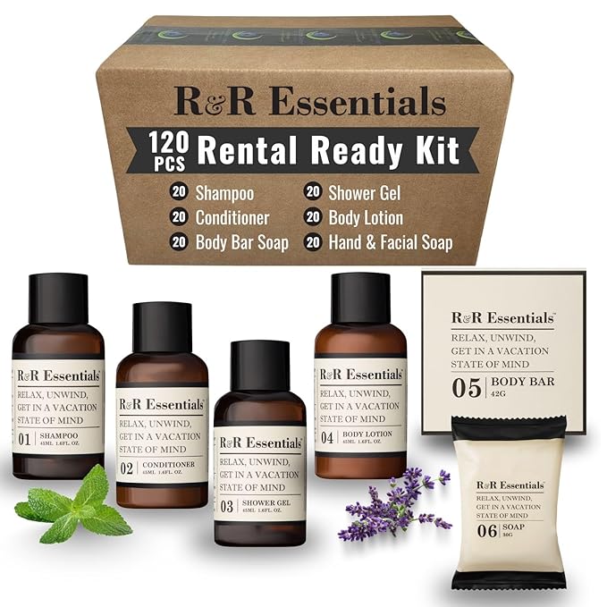 R&R Essentials Hotel Soaps and Toiletries Bundle, Vacation Home Amenities Kit - 1.5oz Shampoo, Conditioner, Shower Gel, Lotion And 2 Bar Soaps - Travel Size (120 pc)