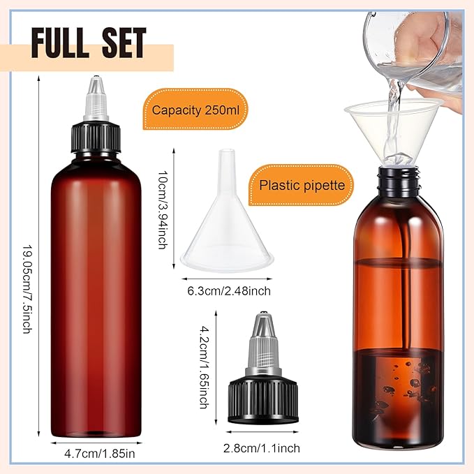 Barydat 36 Pcs 8 oz Squeeze Bottle Twist Top Applicator Bottles Empty Hair Oil Bottle with Funnels Refillable Amber Plastic Bottles for Liquid Hair Oil Shampoo Lotion