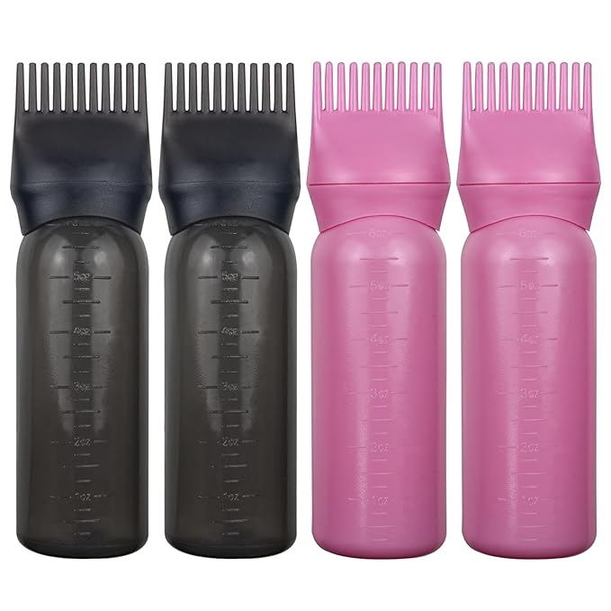 4 Pack Root Comb Applicator Bottle, Hair Oil Comb Applicator for Hair Dye, Shampoos, Salons (Pink+Black)
