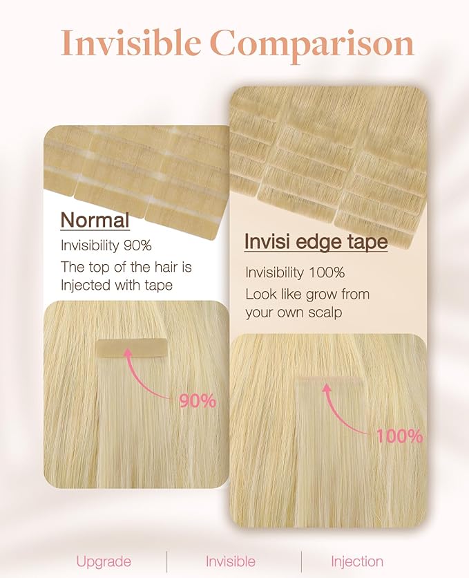GOO GOO Invisi Edge Tape in Hair Extensions Human Hair, 18AT60A Pearl Ash Blonde Highlights 20pcs injected with 20pcs classical tape ins, 18inch 100g, Virgin Remy Hair, Natural Look