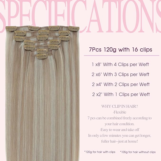 PINKPEARL Clip in Hair Extensions #18P1000 Ash Blonde Highlighted Gray Blonde 7pcs 22Inch 120g Real Remy Hair Extensions Clip in Human Hair(#18P1000-22)