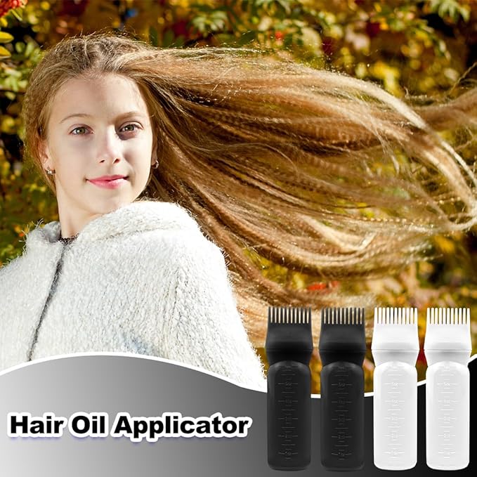 ELANE 4PCS Hair Oil Applicator Bottles with Root Comb for Scalp and Hair Oiling, 6oz (2 Black + 2 White)
