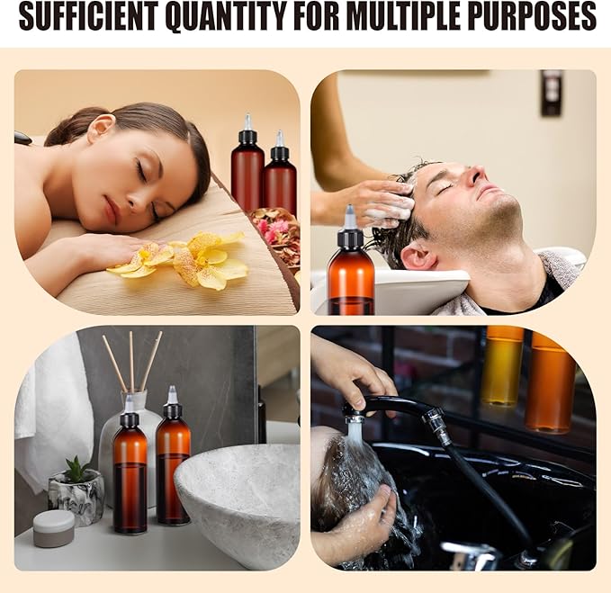 Barydat 50 Pcs 8 oz Squeeze Bottle Twist Top Applicator Bottles Empty Hair Oil Bottle with Funnels Refillable Amber Plastic Bottles for Liquid Hair Oil Shampoo Lotion