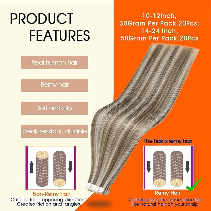 Full Shine Tape in Hair Extensions Remy Human Hair 22 Inch Tape in Extensions for Women Straight Hair Extensions Tape ins Color 8 Ash Brown Highlights 60 Platinum Blonde 50Gram 20pcs Natural Hair