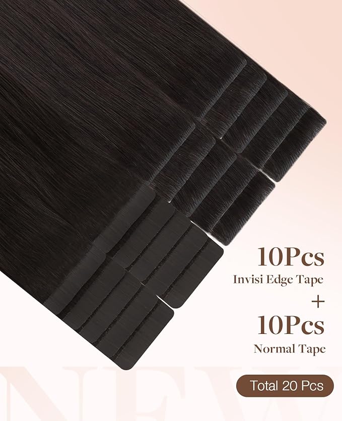 GOO GOO Invisi Edge Tape in Hair Extensions Human Hair, 2 Dark Brown 10pcs injected with 10pcs classical tape ins, 24inch 50g, Virgin Remy Hair, Natural Look