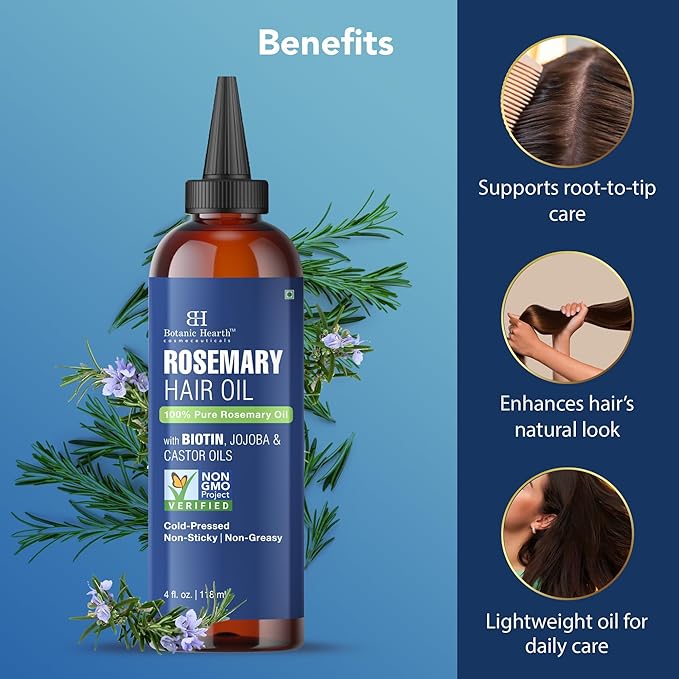 Botanic Hearth Rosemary Oil for Hair Growth | Strengthening Biotin, Jojoba, Castor Hair Growth Oil for frizzy hair | Dry, Damaged Scalp Treatment | Color Safe | All Hair Types | 4 Fl Oz