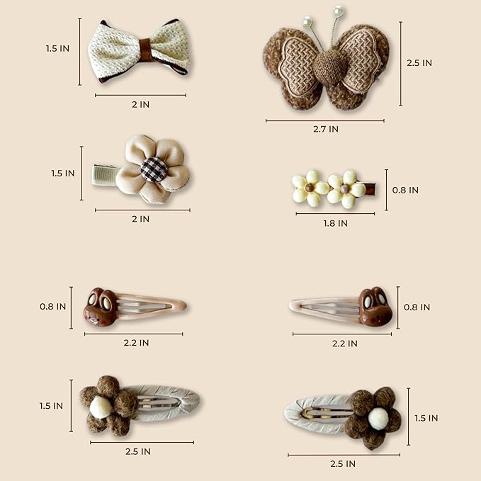Hair Clips for Baby Girls-8 Pcs Beige Hair Accessories with Knitted Flower, Bow, Butterfly Designs-Soft Wool and Crochet Hairpins-Non-Slip Barrettes for Daily and Occasional Wear (Design 4-8pc Set)