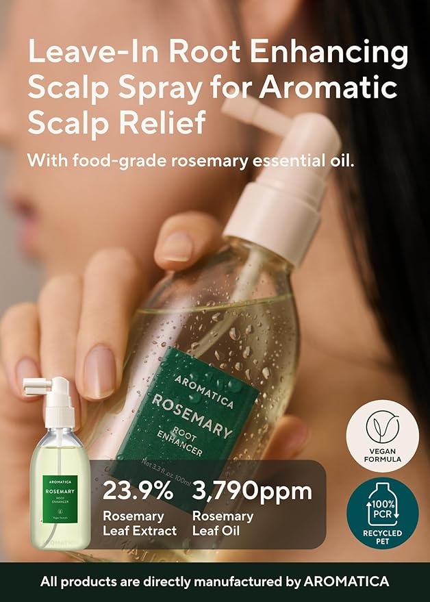 AROMATICA Root Enhancer Rosemary Water Spray for Hair Growth – Korean Hair Care Oil for Scalp Detox – Flaky & Itchy & Dry Scalp Treatment – Free from Sulfate, Silicone, and Paraben (3.38oz)