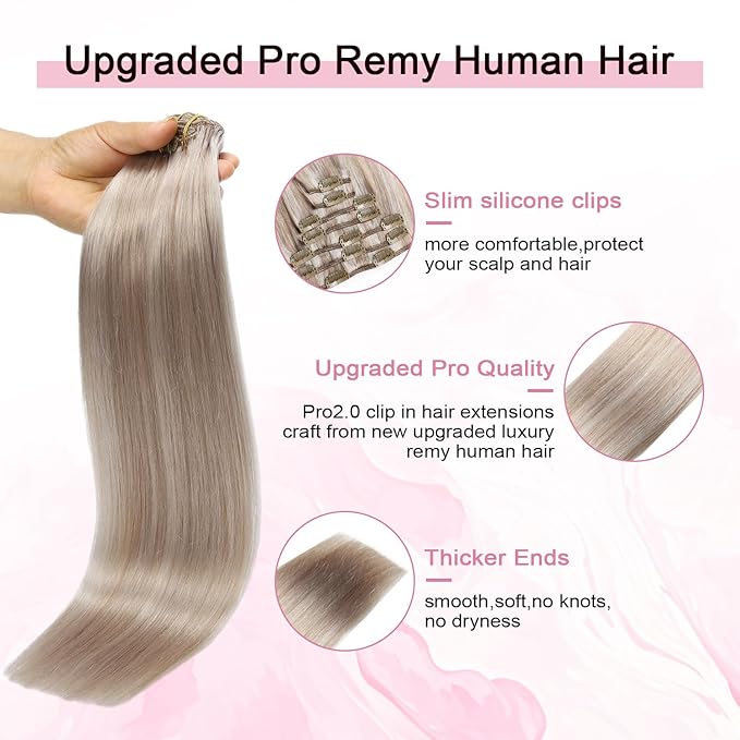Pro2.0 Clip in Hair Extensions Real Human Hair 20inch 7pcs Color #18p1000 Ash Blonde with Bleach Blonde Remy Real Human Hair Extensions Clip ins 120g Thick Double Weft（#18P1000-20inch）