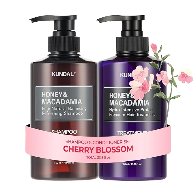 KUNDAL Korean Shampoo and Conditioner Set [Cherry Blossom] Salon-quality, Long Lasting Scent, Moisturizing, Sulfate-Free, Argan & Macadamia Oil, Korean Hair care,16.9 fl oz each, Stocking Stuffers