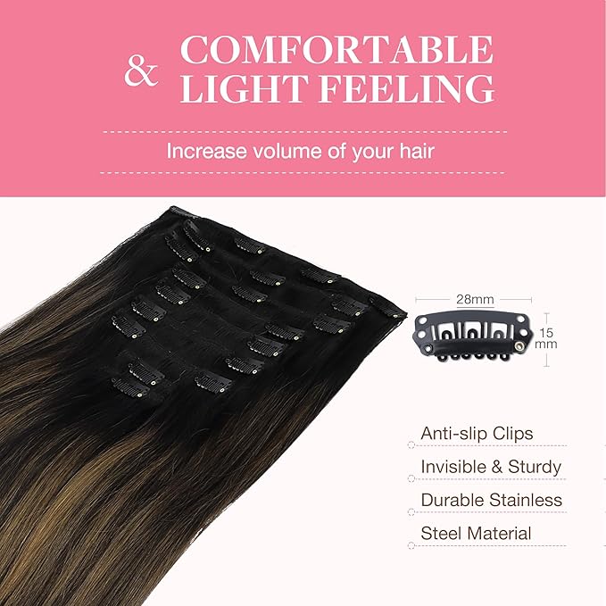 GOO GOO Clip in Hair Extensions Real Human Hair, Remy Human Hair Extensions Clip ins for Women, Natural Human Hair, 14inch 150g 9Pcs, 1B/6/1B Balayage Natural Black to Chestnut Brown