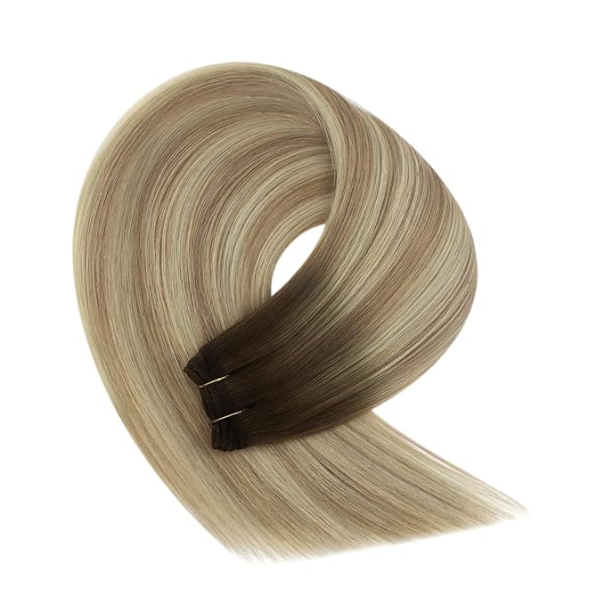 YoungSee Human Hair Weft Extensions Brown Ombre Sew in Extensions Balayage Weft Hair Extensions Human Hair Walnut Brown Ombre Light Brown with Blonde Balayage Hair Wefts Remy Hair 20Inch 100G