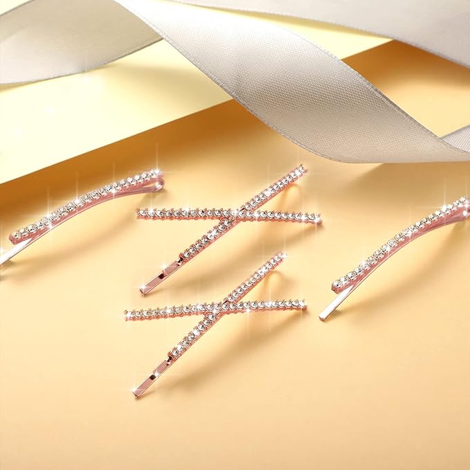 12 Pieces Rhinestone Bobby Pins Decorative Fancy Crystal Hair Clips Shiny Metal X Shaped Barrettes Bling Diamond Wedding Bridal Shower Hair Accessories for Women Ladies Girls (Rose Gold)