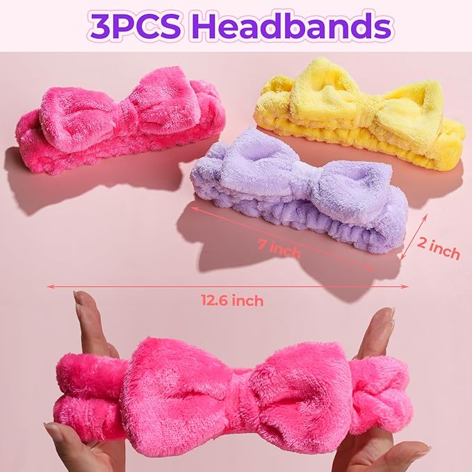 LEOBRO Spa Headband, Makeup and Skincare Headbands, Headband for Washing Face, with Bows for Hair Decorations, and Hair Scrunchies, Christmas Gifts for Teens, Girls, Women (Rose Red & Yellow & Purple)