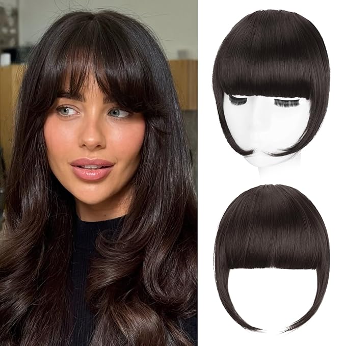 Clip in Bangs, Synthetic French Bangs Hair Clip, Dark Brown Fake Bangs Fringe with Temples Hairpieces for Women Natural Curved Hair Extensions for Daily Wear
