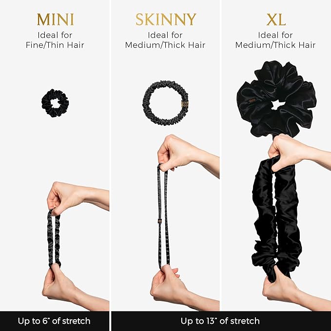 Authentic Mini Mulberry Silk Scrunchies for Women & Kids - Anti Breakage Small Silk Scrunchies for Fine, Curly & Thin Hair - No Dent, No Slip Hair Ties for Buns, Sleep & Ponytail - Onyx Black (3 Pack)