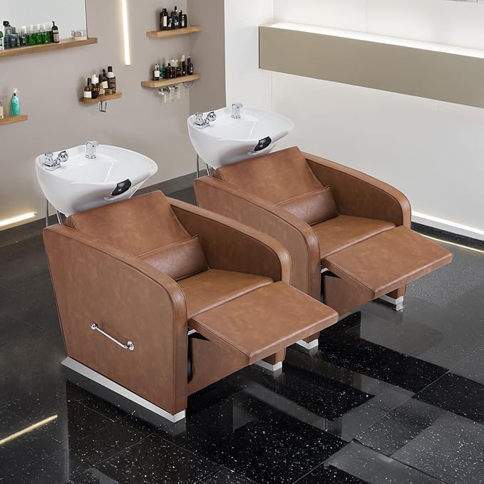 BarberPub Backwash Shampoo Station Chair, Adjustable Porcelain Ceramic Hair Wash Bowl Sink Unit Station, Reclining Shampoo Station Chair for Spa Beauty Salon Hair Salon Equipment 9303 (Brown)