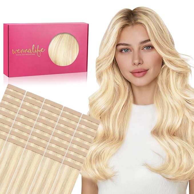 WENNALIFE Tape in Hair Extensions Human Hair, 40pcs 80g 12 inch Balayage Light Wheat Platinum Blonde Hair Extensions Real Human Hair Straight Tape in Extensions Invisible Human Hair Extensions Reusabl