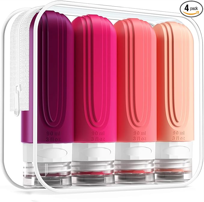 Travel Bottles for Toiletries, Tsa Approved 3oz Travel Size Containers BPA Free Leak Proof Refillable Liquid Silicone Squeezable Travel Accessories for Shampoo Conditioner Lotion (4 Pack)