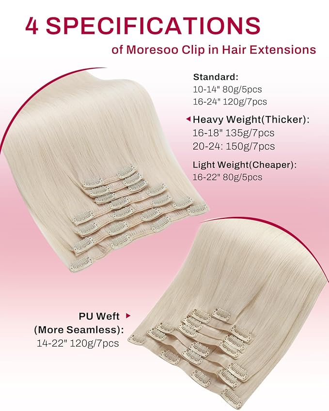 Moresoo Blonde Clip in Hair Extensions for Women Remy Double Weft Clip in Human Hair Extensions Platinum Blonde Full Head Set 7pcs/150g 24inch