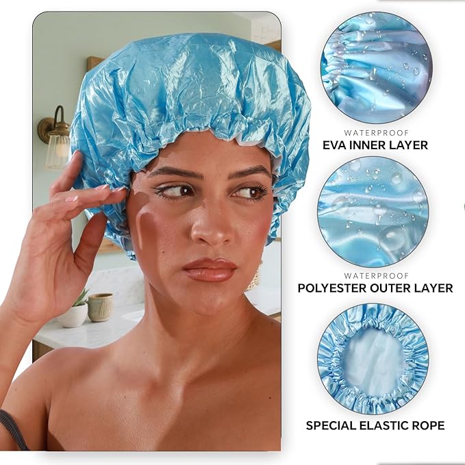 Smilco 4 Pack Shower Caps for Women, Reusable Waterproof Double Layer Bath Cap, Large EVA Elastic Hair Cover for Shower, Fits Long Hair & Braids, for Spa & Home