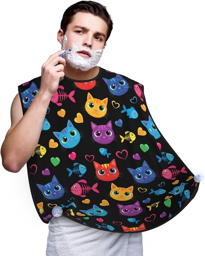 Adjustable Non-Stick Beard Apron, Hair Catcher Cape for Shaving Grooming, Waterproof with Suction Cups Men, Goth Cute Cat and Fish Shave Bib